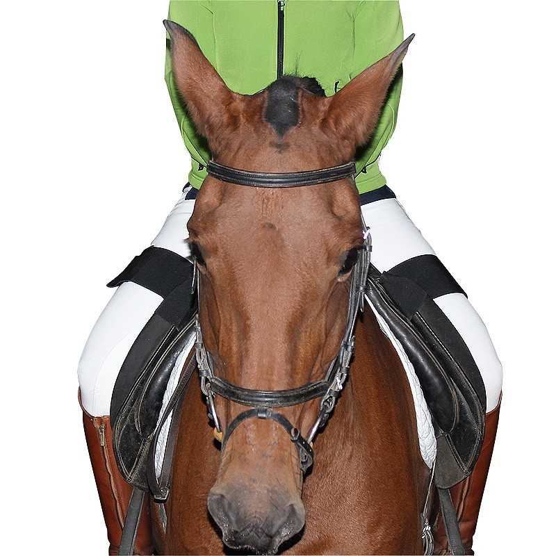 Cavalo castanho com sela preta e cavaleiro com calça branca e casaco verde