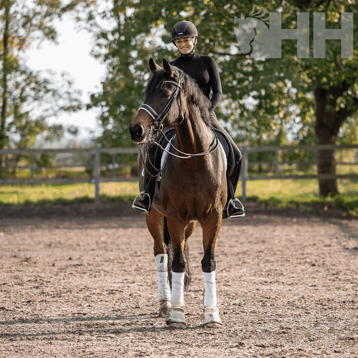Pessoa montada em cavalo castanho usando roupa preta e capacete, cavalo com proteções brancas nas patas