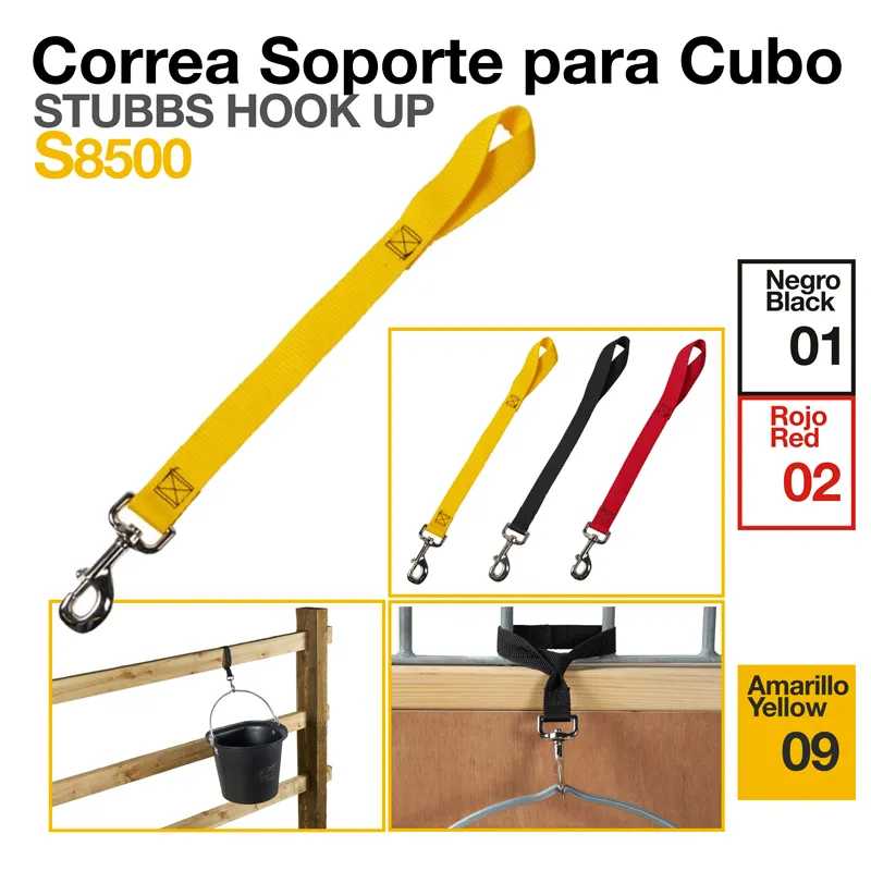 Correia suporte para cubo Stubbs S8500 em amarelo, preto e vermelho com fecho de metal, usada para pendurar baldes