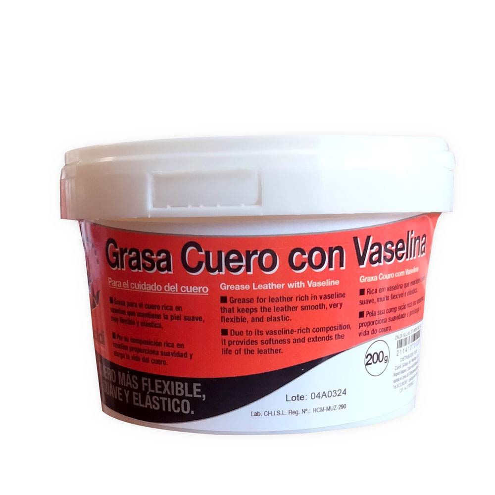 Frasco plástico branco com rótulo vermelho e preto para grasa de couro com vaselina