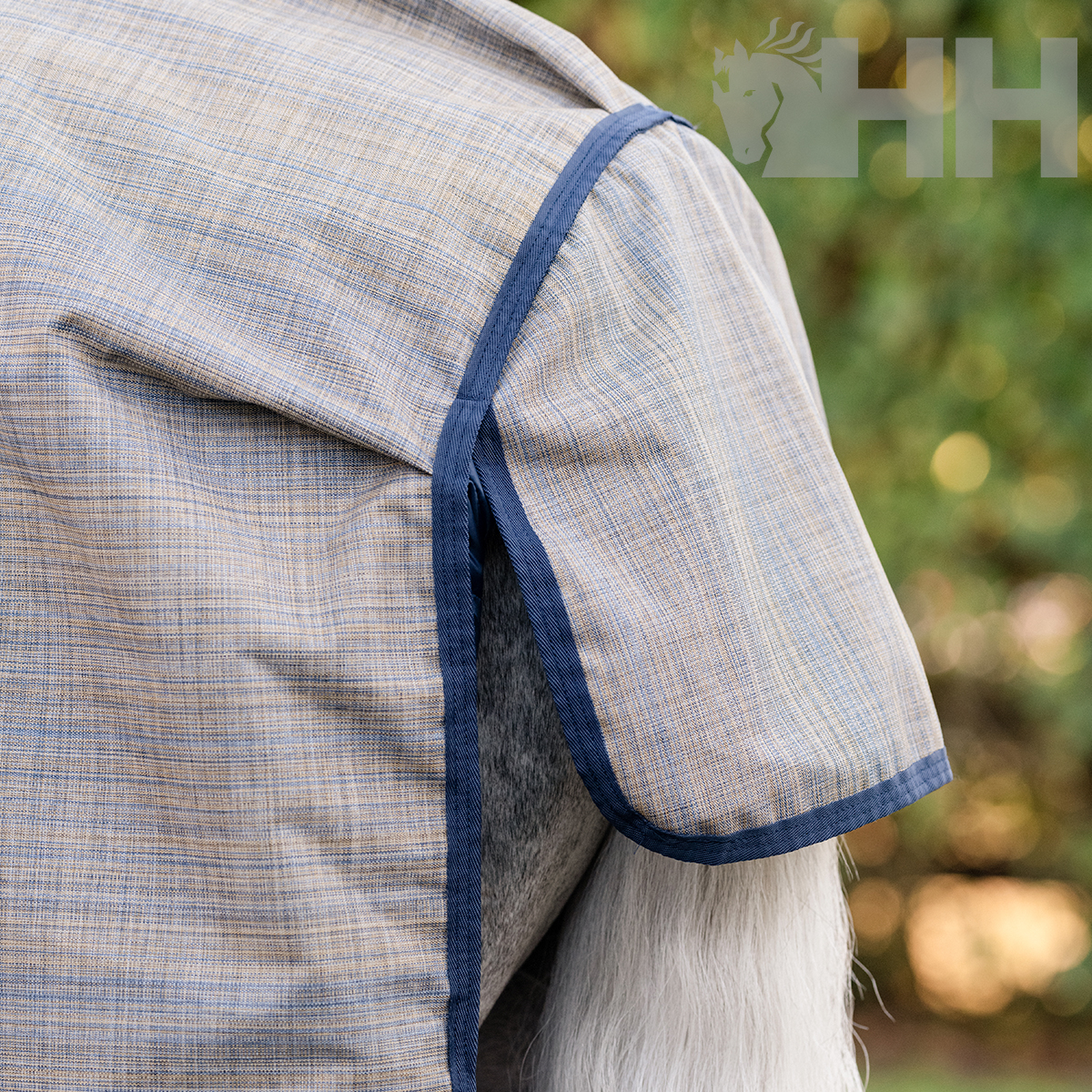 Cobertura de cavalo cinzenta com detalhes em azul