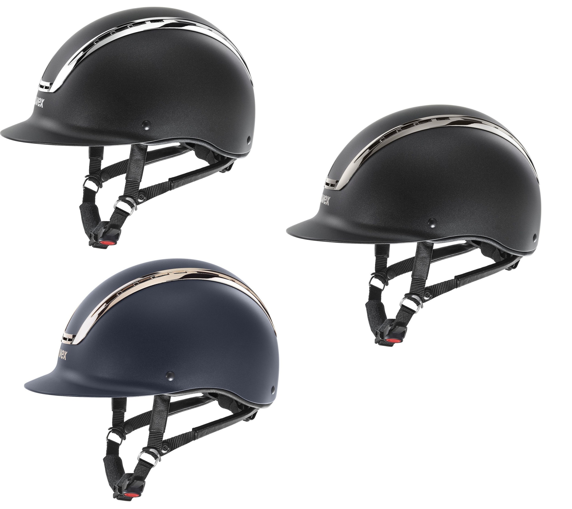 Três capacetes de equitação com faixas prateadas em diferentes acabamentos e cores