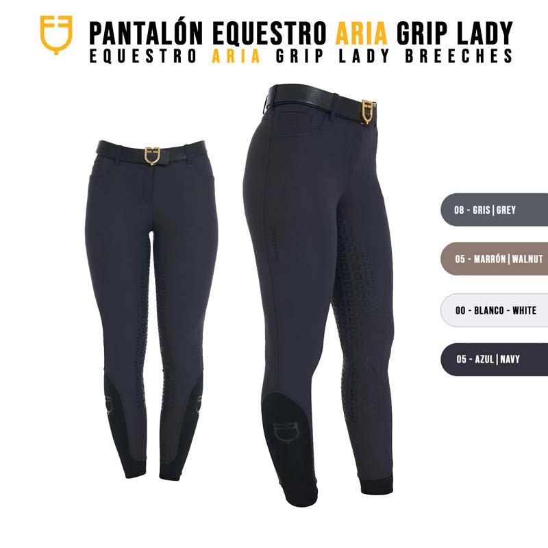 Calças de equitação femininas azul escuro Aria Grip Lady com faixa grip e cinto preto