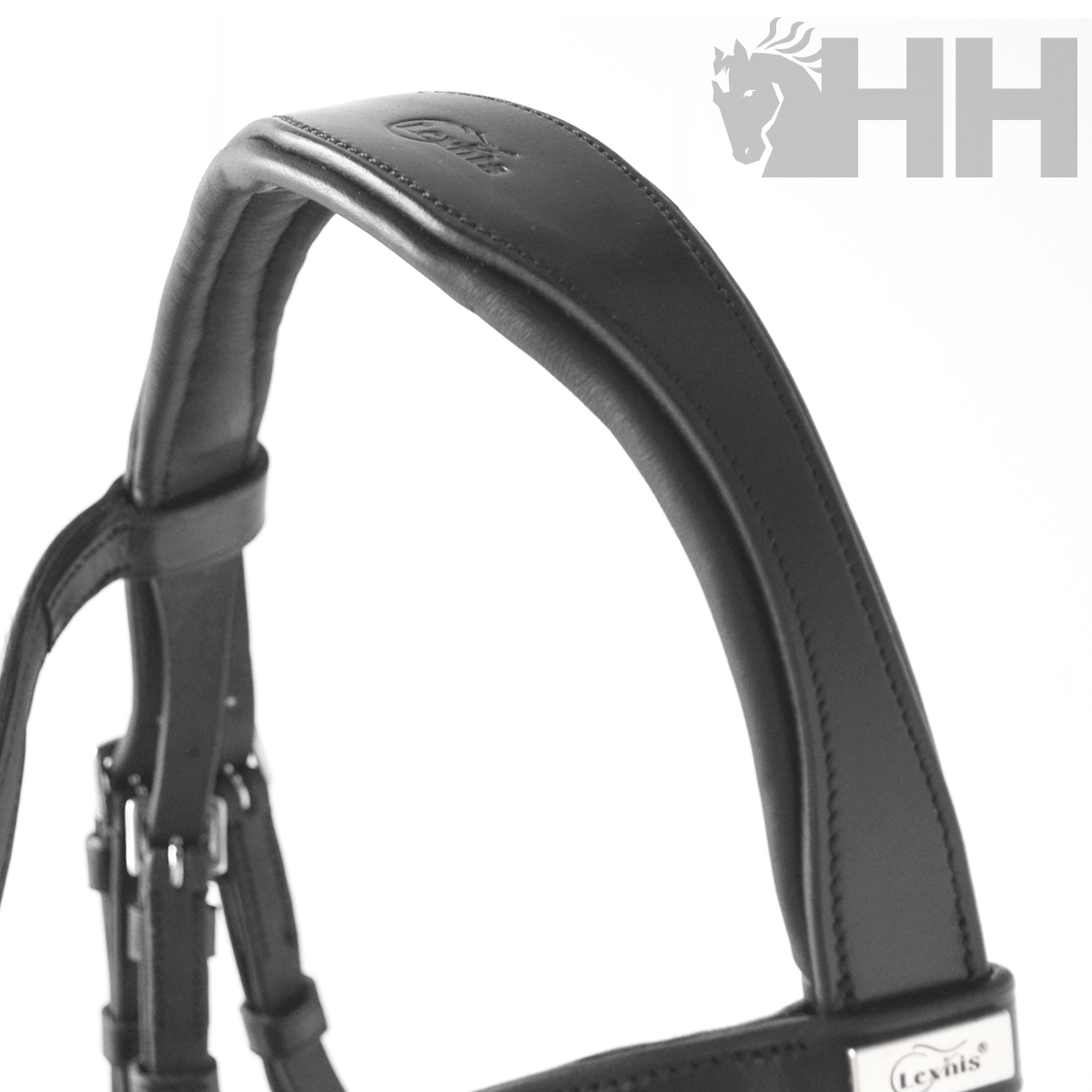 Cabeçada preta em couro com acolchoamento e fivela metálica