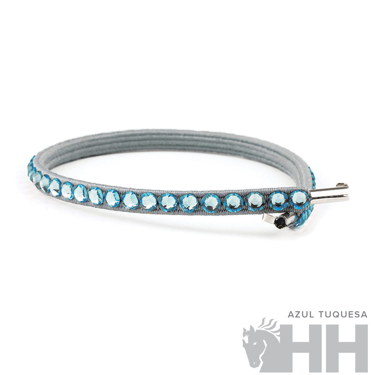 Pulseira fina azul turquesa com pedras brilhantes e fecho metálico prateado