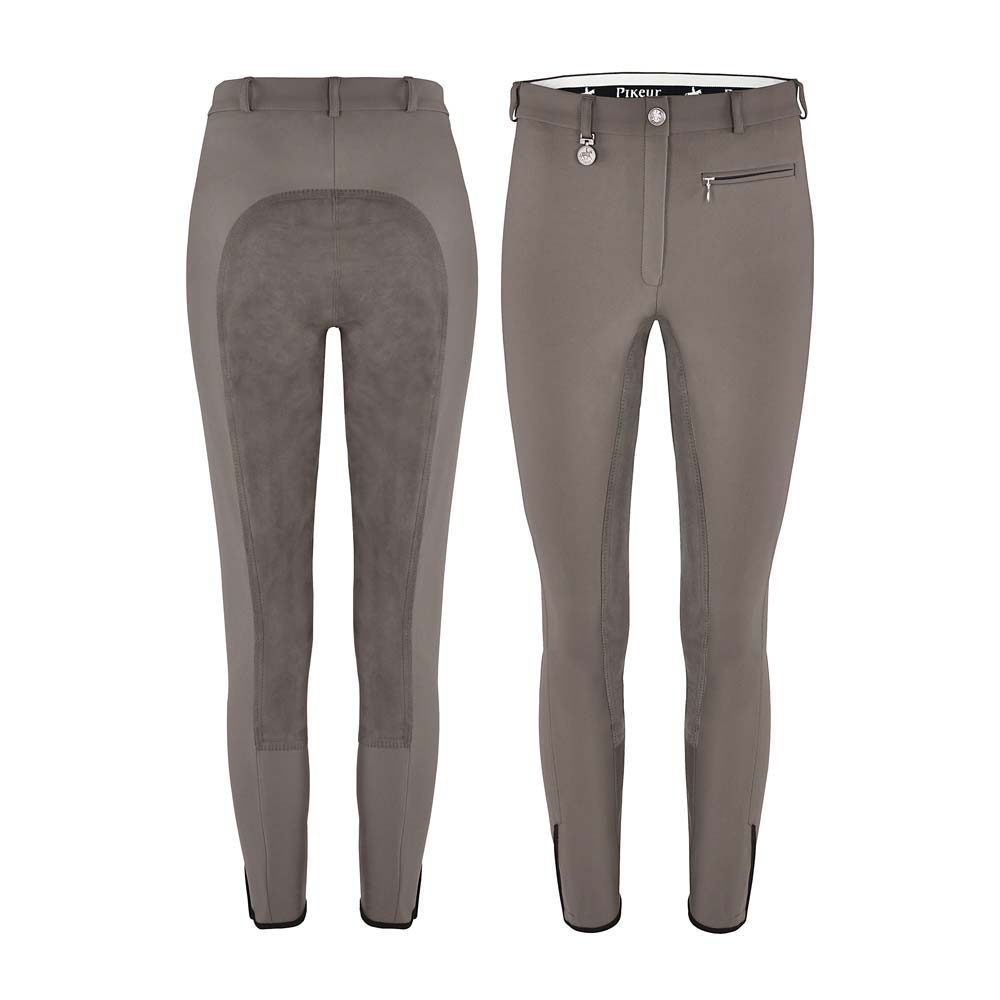 Calças de equitação taupe com detalhes antiderrapantes e fecho frontal