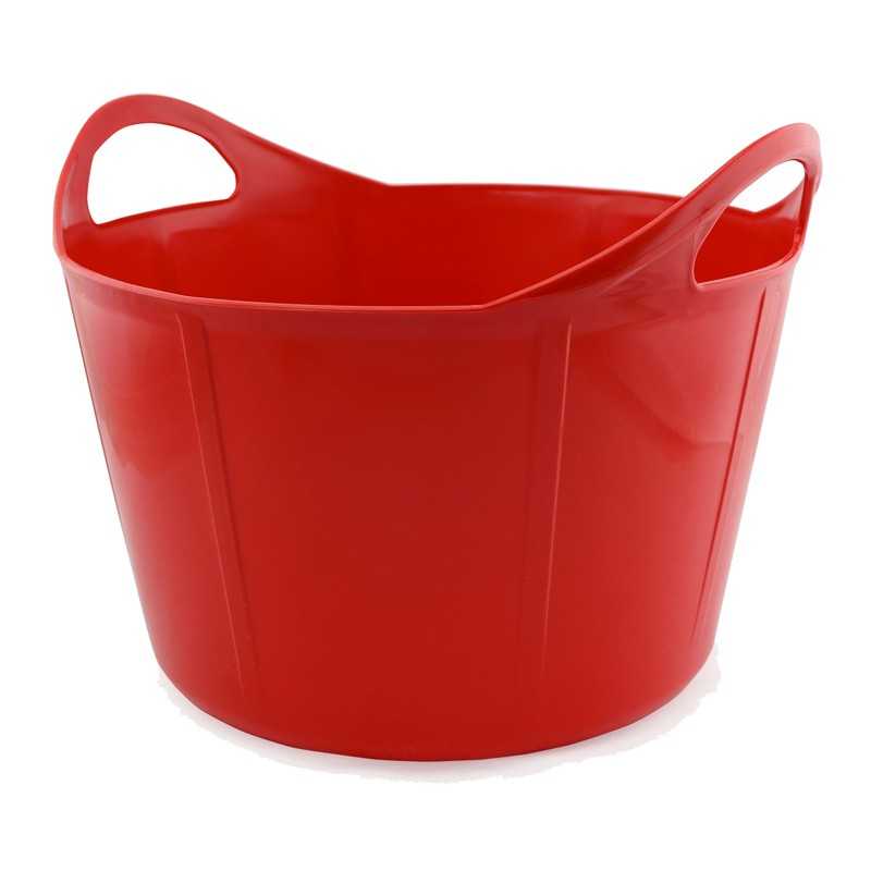 Balde vermelho de plástico com pegas integradas