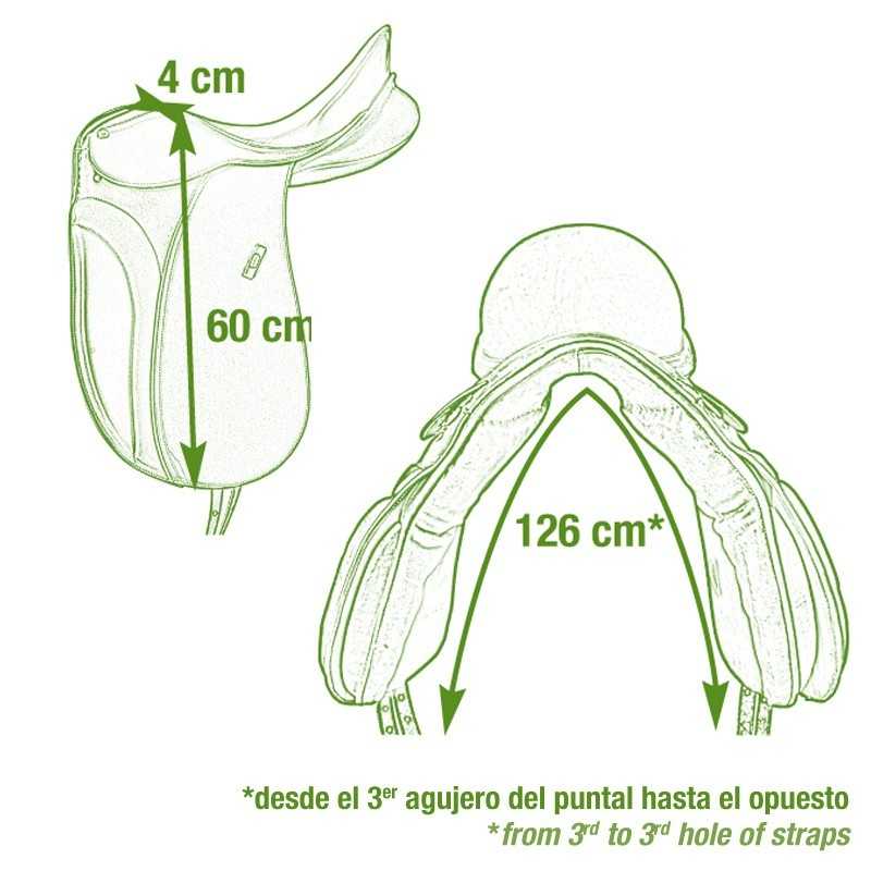 Desenho esquemático verde de um selim equestre com medidas em cm e texto em espanhol e inglês.