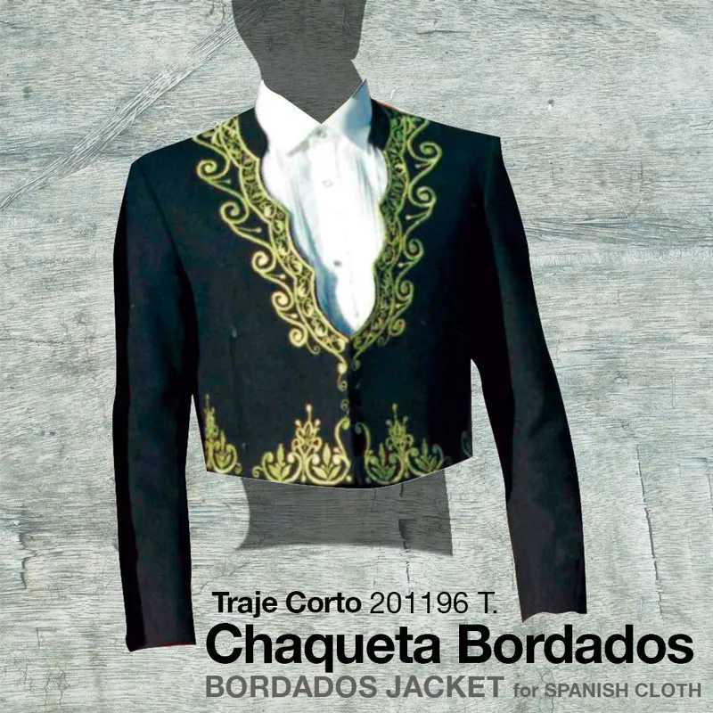 Casaco curto preto com bordados dourados sobre camisola branca, texto promocional visível