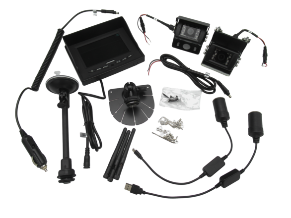 Conjunto de câmaras vigilância preto com ecrã LCD e acessórios em fundo branco