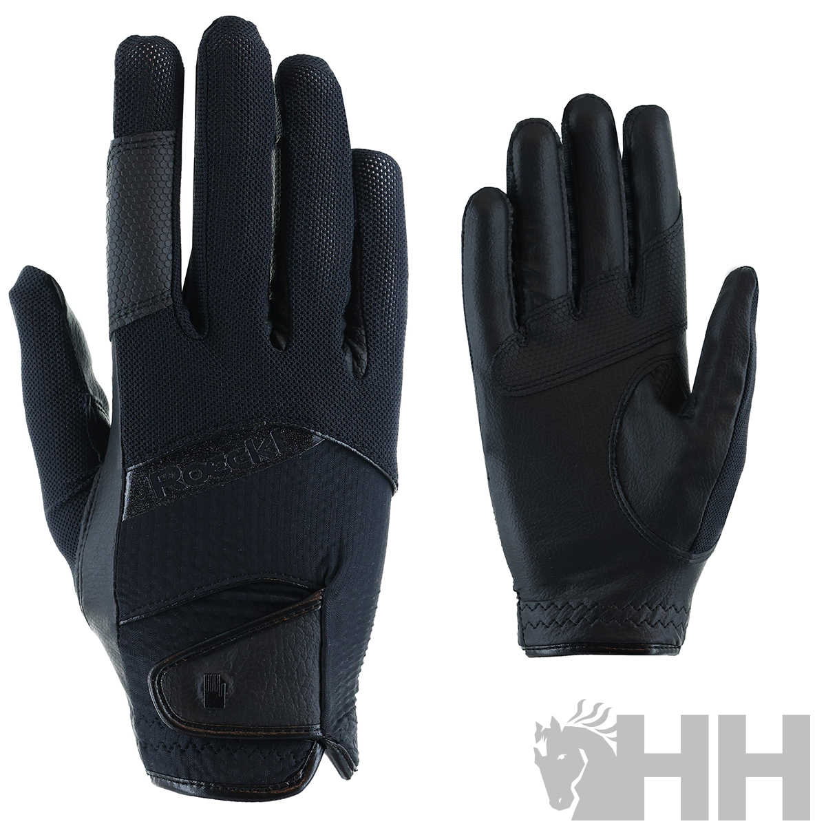 Luvas pretas de tecido e couro com fecho de velcro