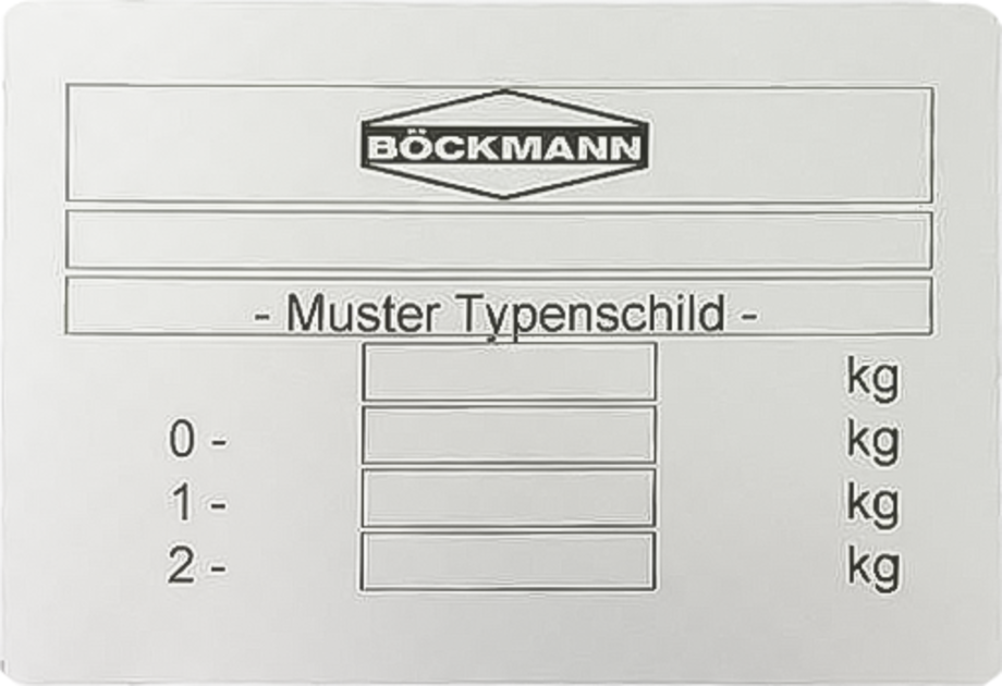 Placa metálica cinzenta com texto BÖCKMANN e Muster Typenschild