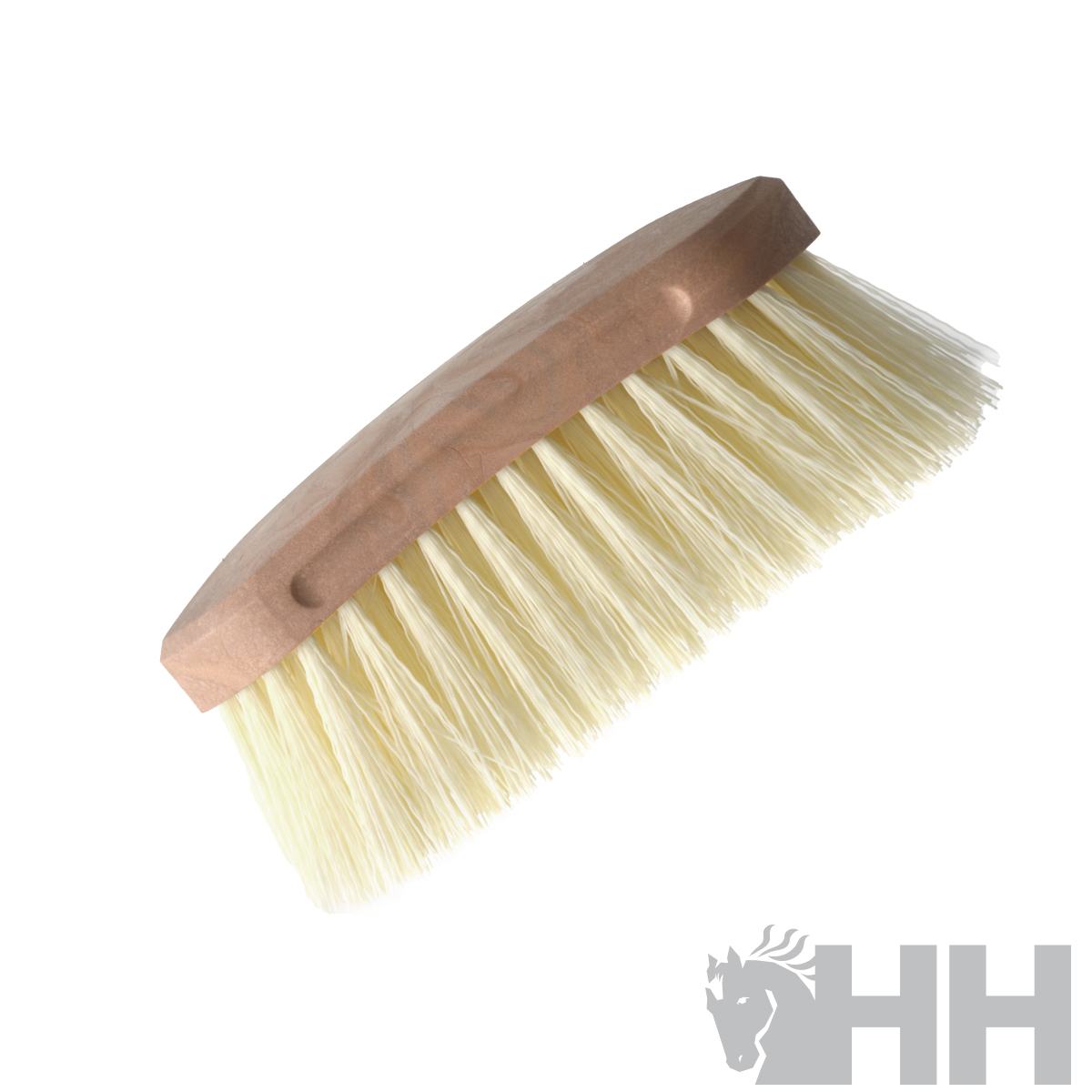 Escova de madeira com cerdas brancas sobre fundo branco com logotipo HH