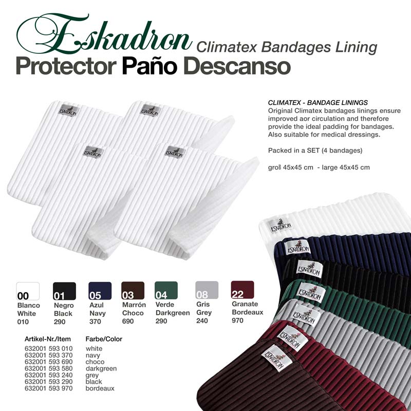 Bandagens Climatex Eskadron coloridas em tecido canelado com etiquetas brancas com logo.