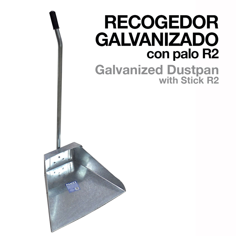 Recogedor galvanizado com cabo longo R2 sobre fundo branco com texto
