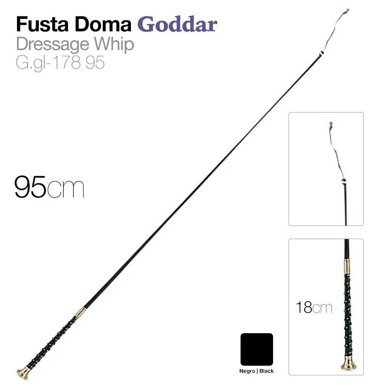 Fusta de doma Goddar preta de 95 cm com cabo trançado e ponta metálica.