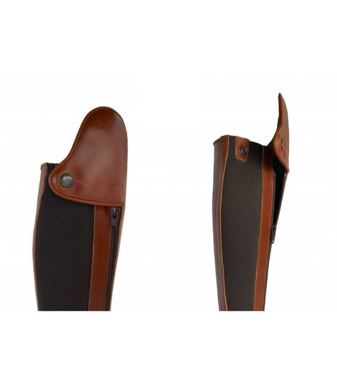 Par de polainas castanhas em pele e tecido com fecho e botão