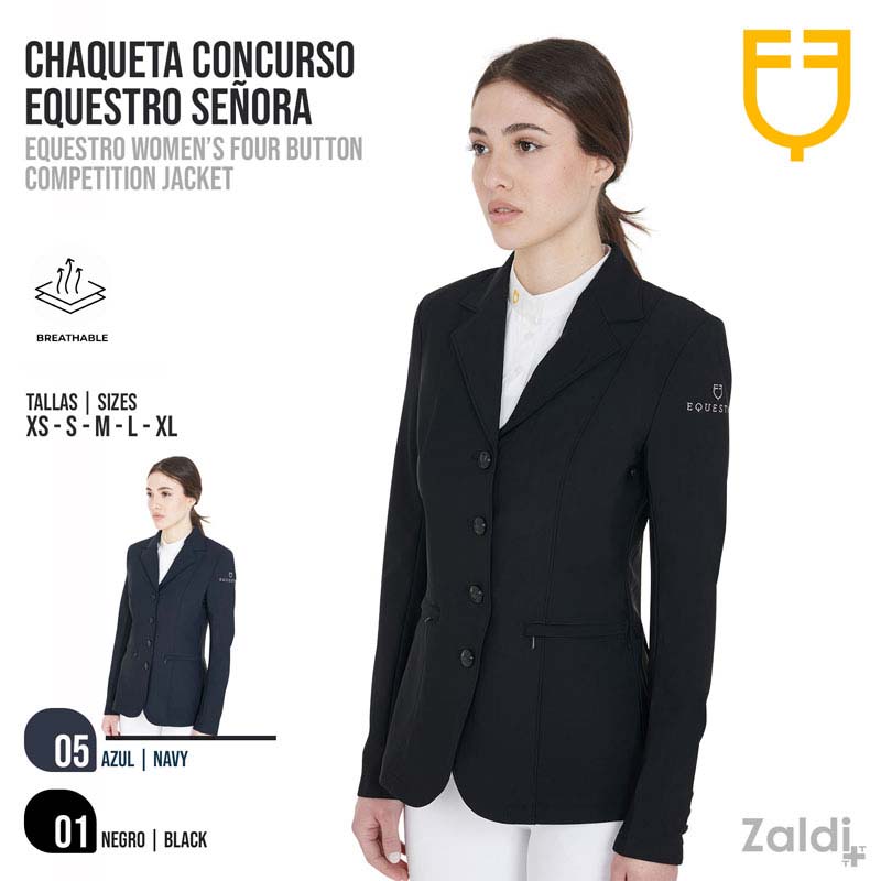 Chaqueta de competição equestre feminina azul marinho com quatro botões e gola clássica