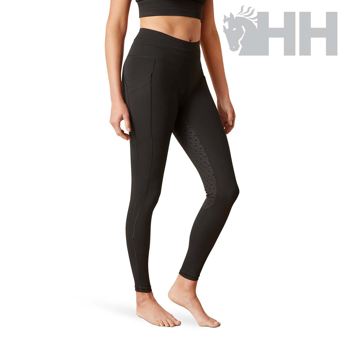 Leggings pretas com padrão em relevo e bolso lateral