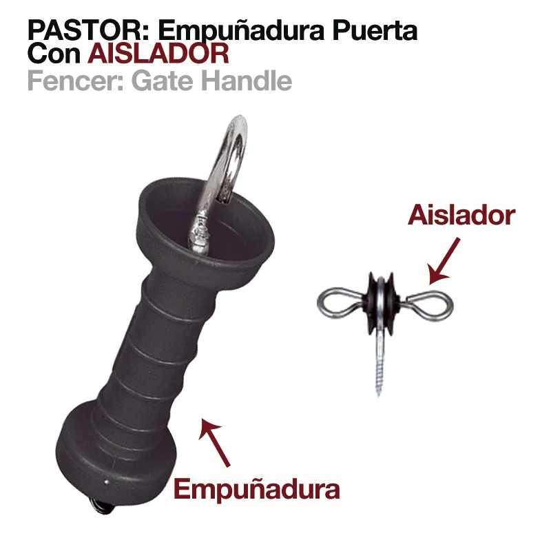 Punho preto para porta de cerca e isolador com parafuso metálico, texto explicativo em espanhol e inglês.