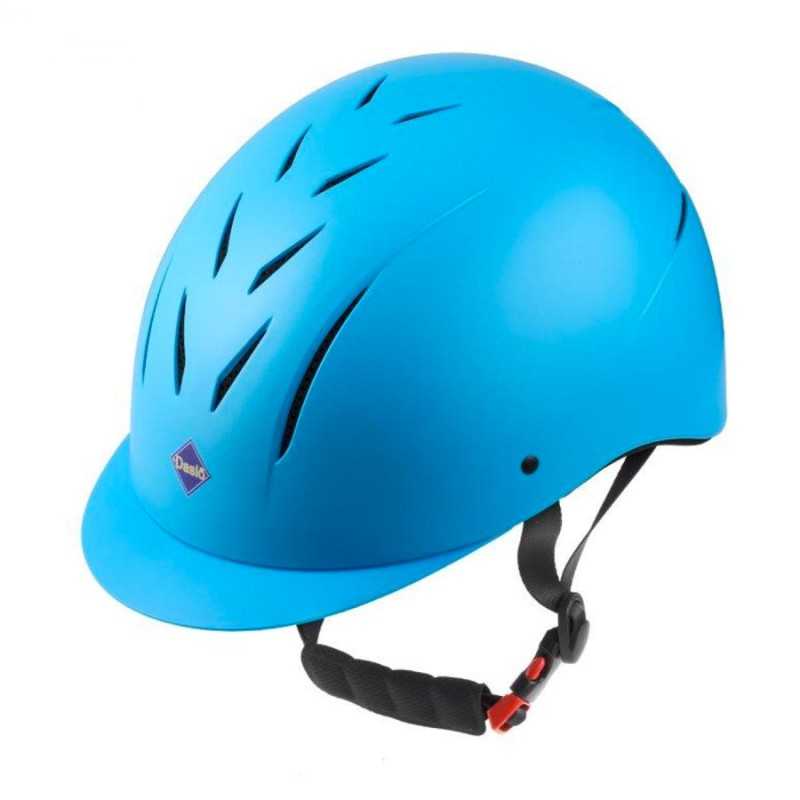 Capacete de segurança azul com alça preta ajustável.