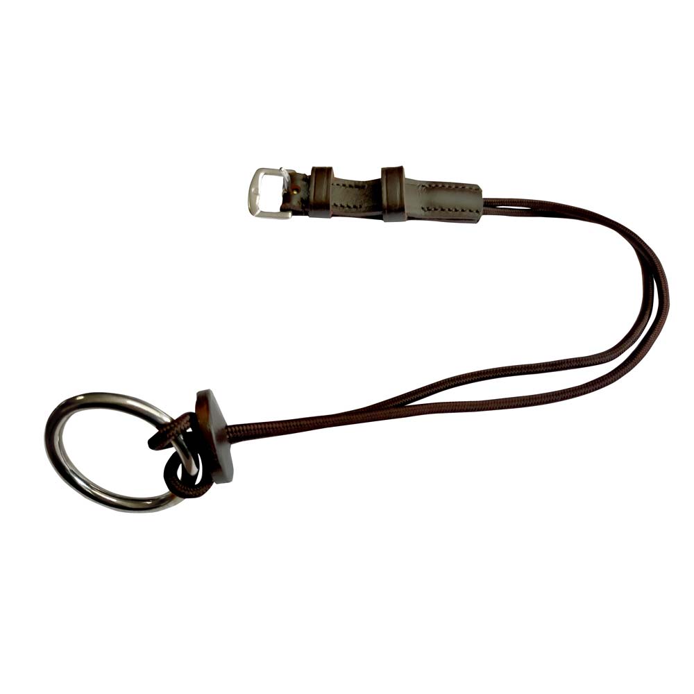 Chaveiro com argola metálica prateada e cordão castanho com fecho de fivela em couro