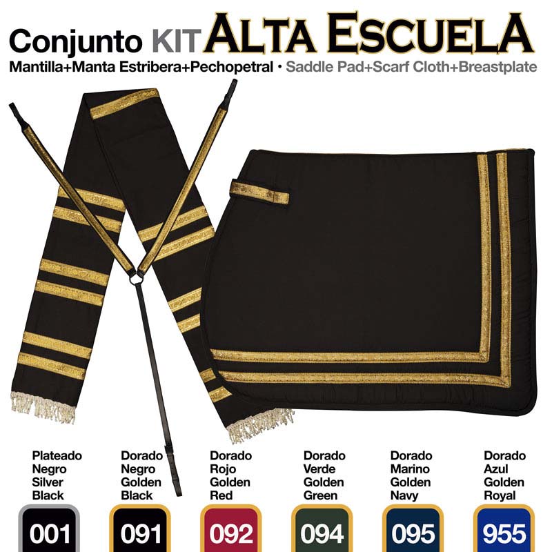 Conjunto kit de montaria preto com detalhes dourados em fundo branco