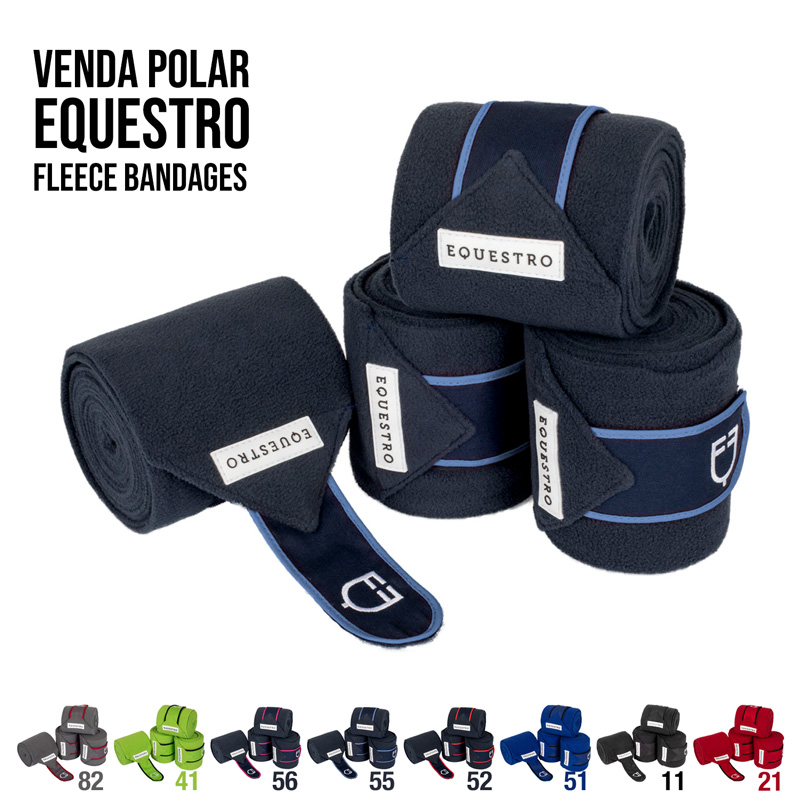 Venda polar fleece bandages EQUESTRO azul escuro com borda azul clara, etiqueta branca e várias cores disponíveis