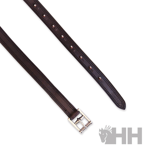 cinto de couro castanho escuro com fivela metálica prateada e logótipo HH com cavalo