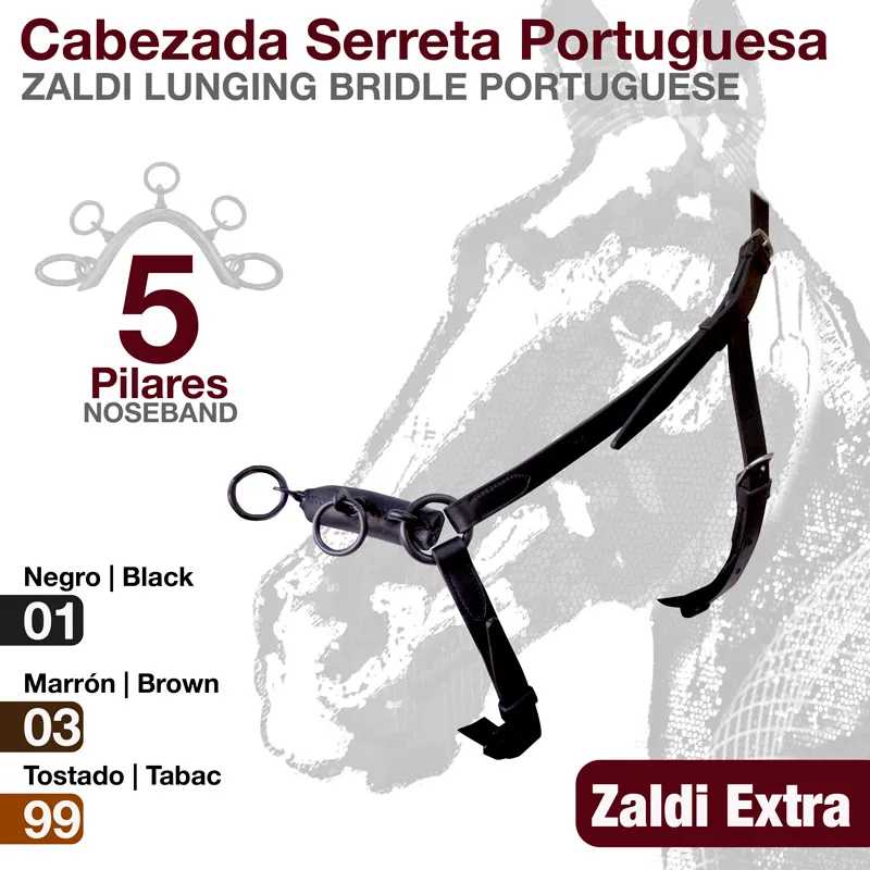 Cabeçada Serreta Portuguesa em couro com anéis metálicos, produto Zaldi Extra.