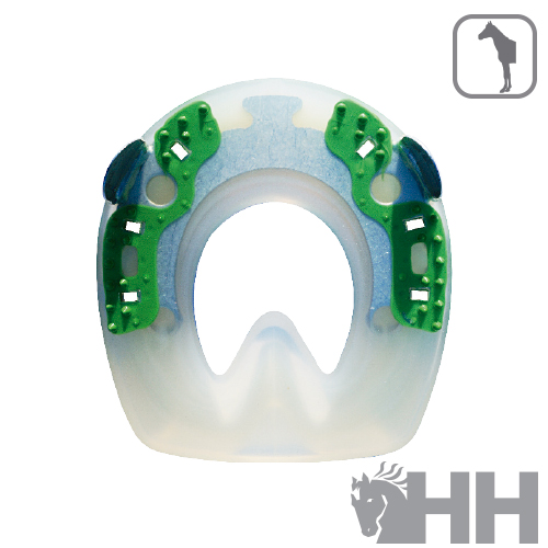 Protetor bucal transparente com apoios verdes e azuis e logótipo HH