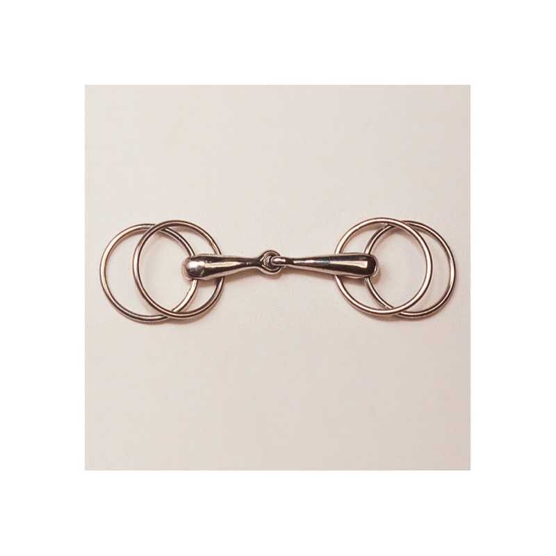 Freio de anéis em metal prateado com quatro argolas e peça central articulada