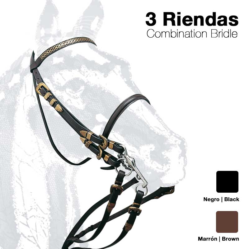 Cabeçada de cavalo 3 Riendas Combination Bridle em couro preto e castanho com fivelas prateadas