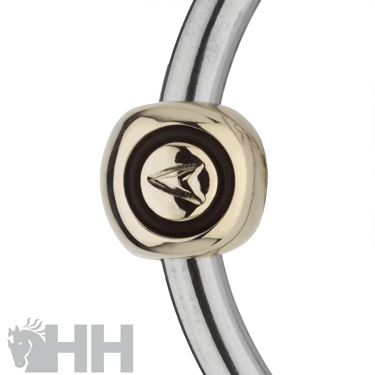 Pulseira metálica prateada com elemento central dourado e preto com símbolo abstracto em fundo branco