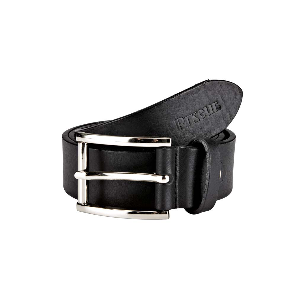 Cinto preto de couro com fivela metálica prateada e marca Pikeur