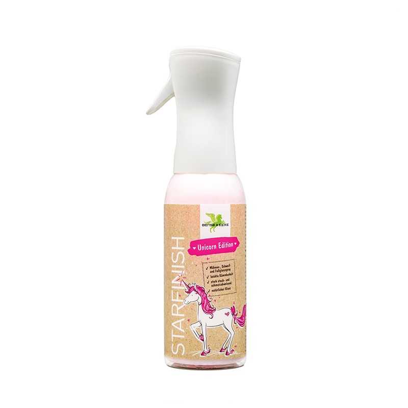 Frasco de spray branco com etiqueta castanha clara e unicórnio rosa