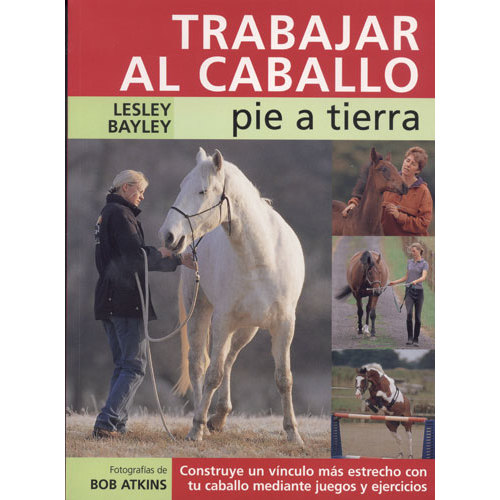 Capa de livro sobre trabalho com cavalos, mostrando pessoa com cavalo branco e imagens menores de cavalo em atividades