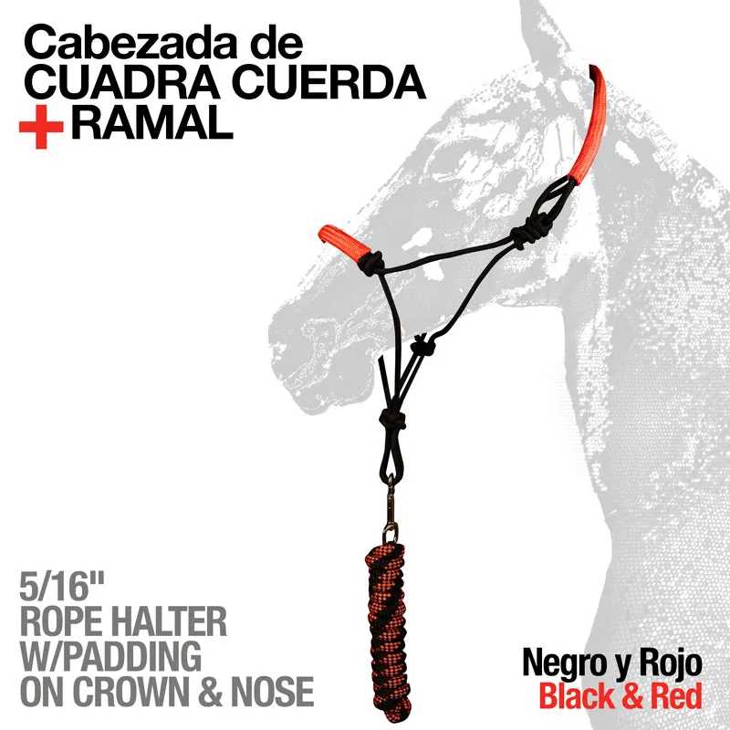 Cabeçada de corda preta e vermelha com acolchoamento, com ramal, texto e ilustração de cavalo