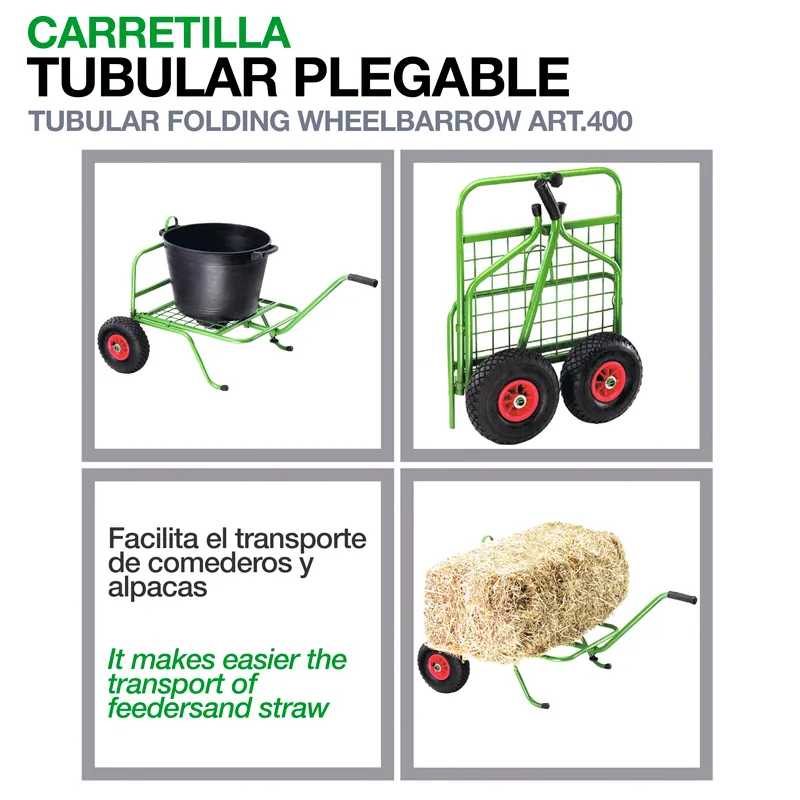 Carrinho dobrável tubular verde com rodas pretas e vermelhas, usado para transporte de objetos como balde e fardo de palha
