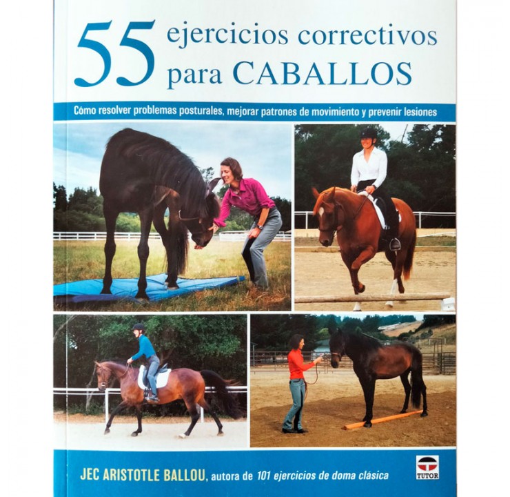 Capa de livro sobre exercícios para cavalos com quatro imagens e texto em espanhol