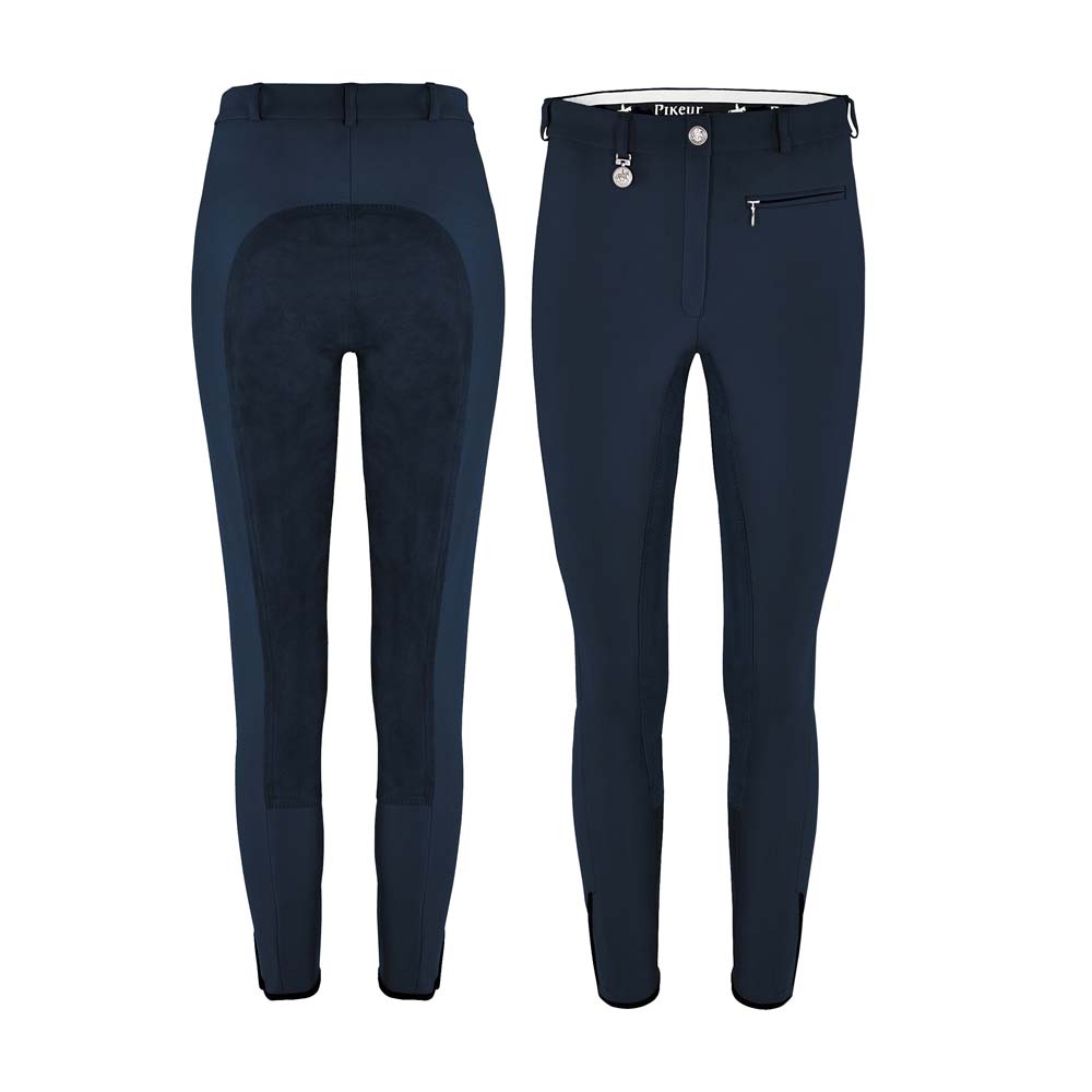Calças de equitação azul escuro com reforço aveludado e fecho frontal
