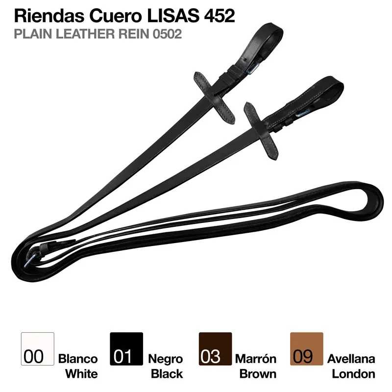 Rédeas de couro lisas pretas com texto e amostras de cores