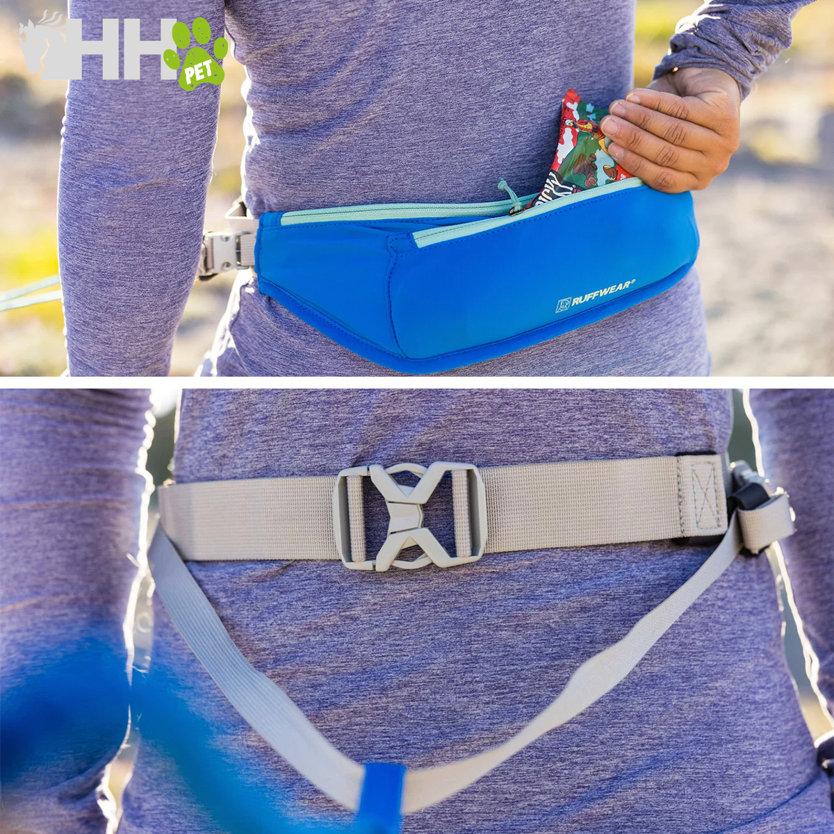 Cinto de cintura cinzento com bolsa azul e fecho