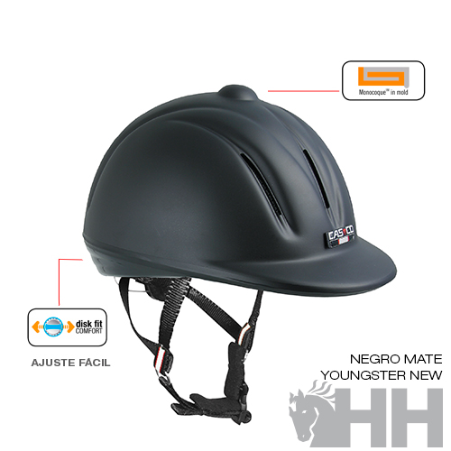 Capacete de equitação negro mate com ajustes e etiquetas