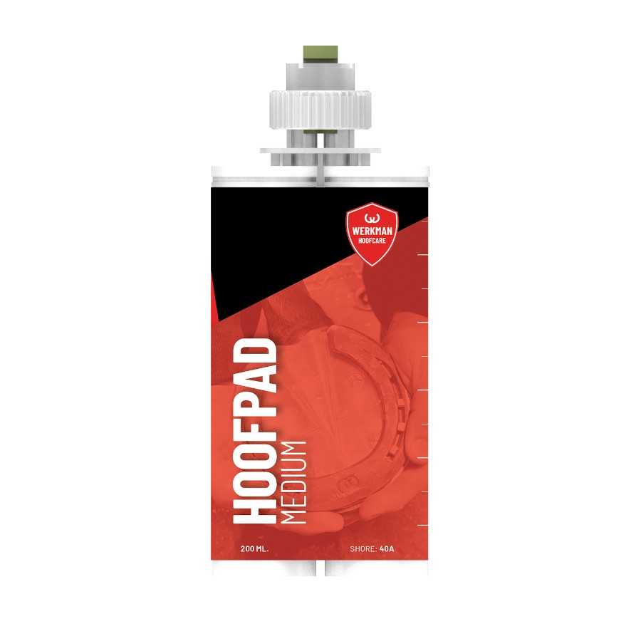 Embalagem plástica de creme HOOFPAD MEDIUM com selo WERKMAN HOOFCARE e tampa cinza.