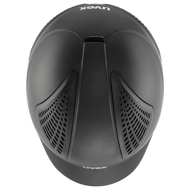 Capacete preto com ventilação e marca Uvex