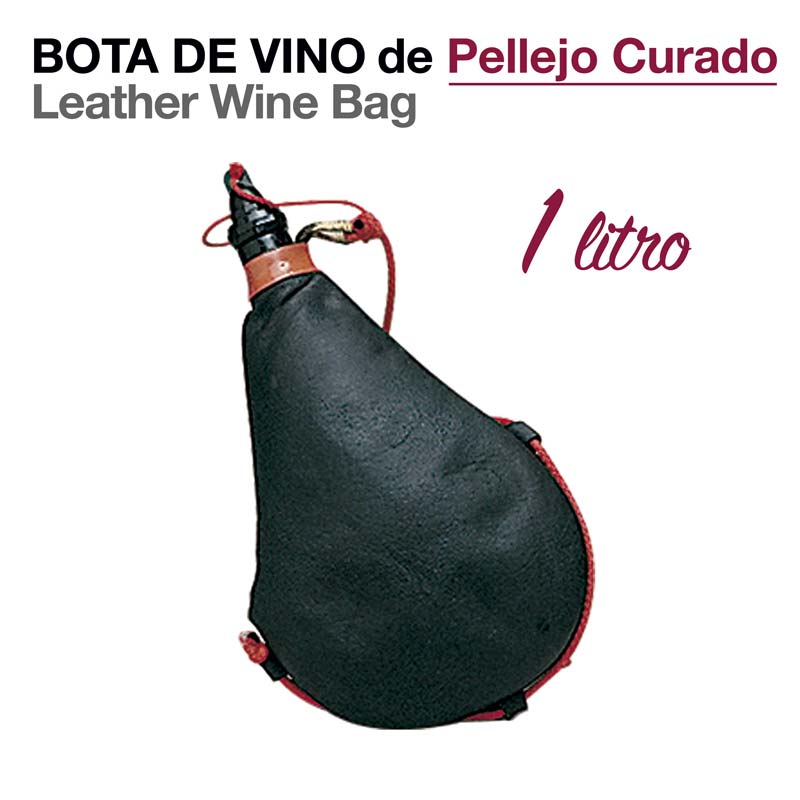 Saco de couro preto para vinho com cordão vermelho e texto informativo.