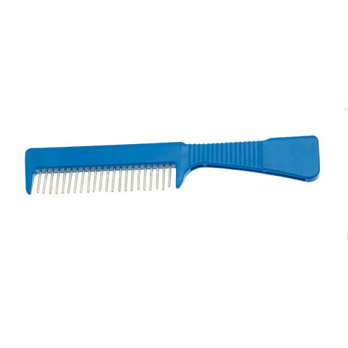 Pente azul com dentes metálicos e cabo de plástico