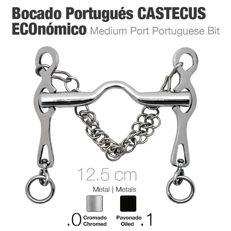 Bocado português para cavalo, metal cromado com corrente, 12,5 cm