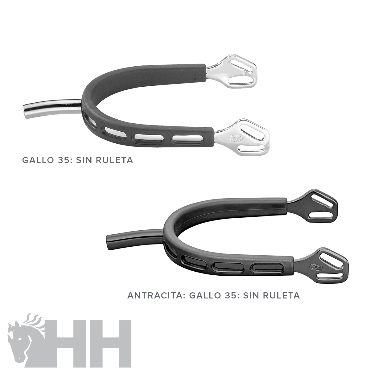 Esporas de equitação GALLO 35 nas cores prateado/preto e antracite, sem ruleta.